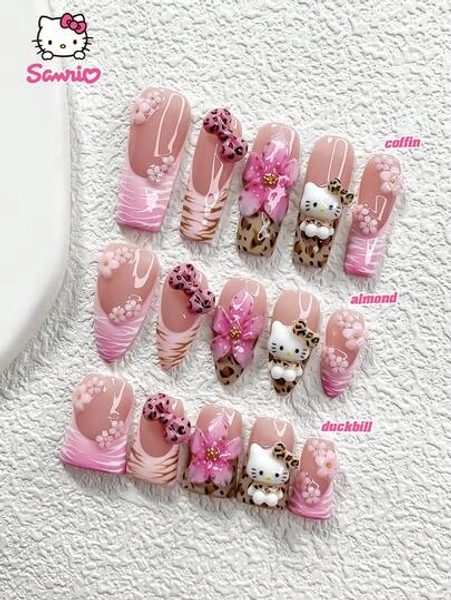  Sanrio 10Pcs Leopard Nail Set,Fall Winter Press-On Nails,3D Hello Kitty Nail Stickers,Handmade Flower Fake Nails, Pink Leopard Bow, Small Five-Petal Flower Nail Charms, Pink Nail Gel,Brown Nails Oil,Cute Nails,3 Sizes Available, Almond Nails, Duck Nails, Coffin Nails, Suitable For Fall Winter,Daily Commute, Party Wear,Comes With Nail Tools(1 Sheets Jelly Stickers+1PC Nail File)Supplies Nails