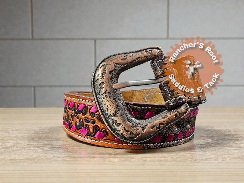 Women Leather Western Belt Handmade Leopard Tooling With Buckstitch