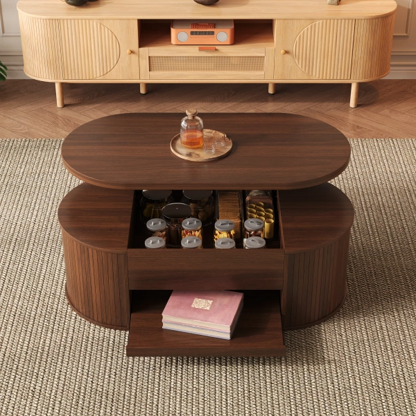 Table basse relevable 110x55.5x40 cm - côtés incurvés - 1 tiroir - MDF - Marron