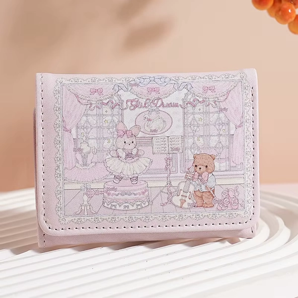 PU Leather Kawaii Lolita Style Ballet Bunny & Bear Printed Short Wallet - AliExpress 1524