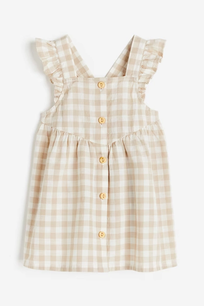 Ruffle-trimmed Cotton Dress - Light beige/checked