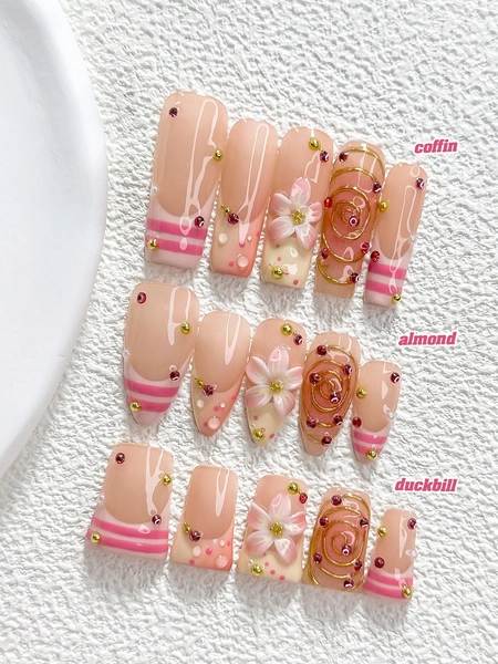 10pcs Korean Sweet Handmade Press-On Nails, Polygel Nail Art Set, Pink Five-Petal Flower, Stripes, Round Rhinestones, Pink Nail Polish, Minimalist Style, Includes Nail Tools, 3 Sizes Available, Almond/Duck/Coffin Shape, Suitable For Party, Dancing, Daily Wear