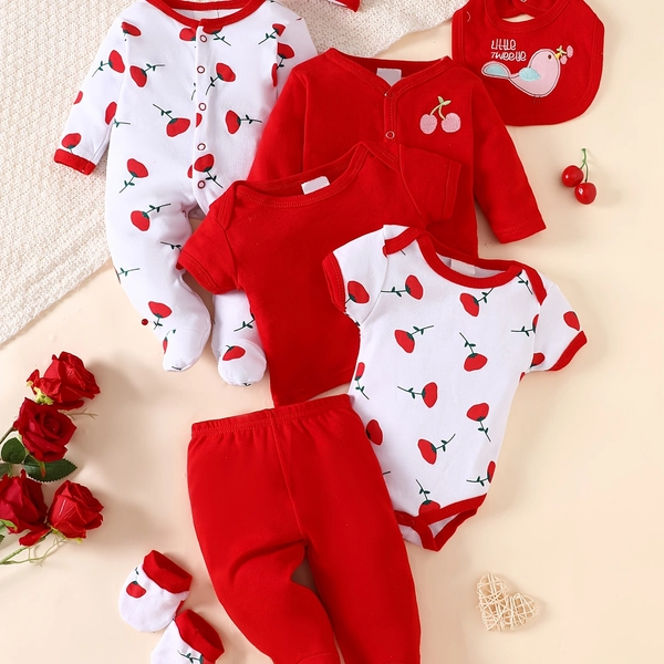 8 Piezas Conjunto de Body para Bebé Niña Recién Nacida, 100% Algodón, Suave y Transpirable, Estampado de Flores y Dibujos Animados en Rojo, Adecuado para 0-9 Meses, Uso en Interiores y Exteriores, Ideal como Regalo, Perfecto para Exteriores
