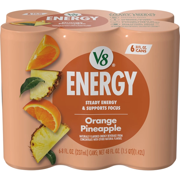 V8 Energy Orange Pineapple Energy Drink, 8 fl oz Can, 6 Pack - Walmart.com