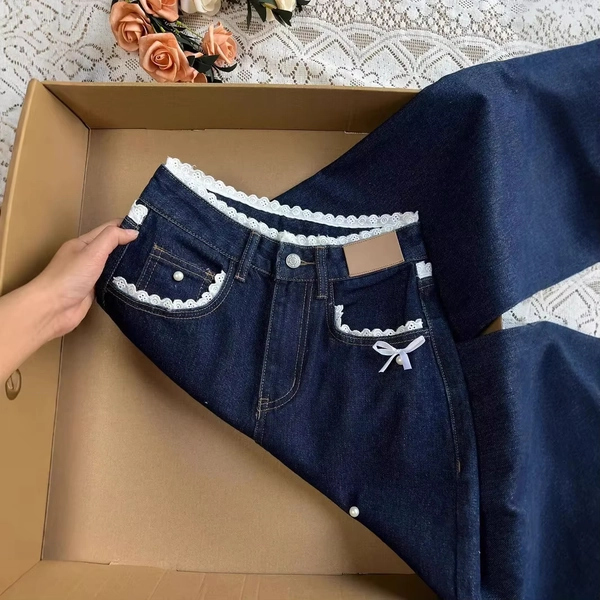 Jean ample taille haute en dentelle bleu profond pour femme, pantalon Long de Style rétro américain, jambe droite, décontracté, automne - AliExpress 200000345