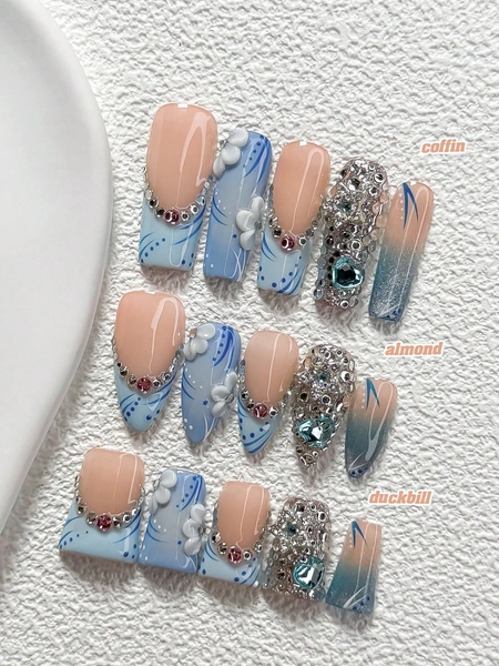10Pcs Ethereal And Aloof Style Handmade Nail Art Set,Unghie Press On,Heart, Open Work Heart,Blue And White Nail Polish,Includes Nail Tools,3 Sizes Available,Almond Nails , Duck Nails,Coffin Nails For Party, Dance, Daily Wear.