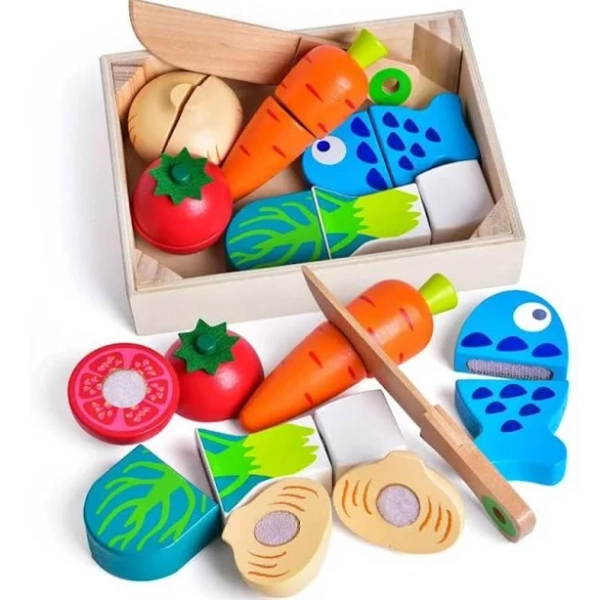 Fun Little Toys Wooden Pretend Cutting Play Food Set
