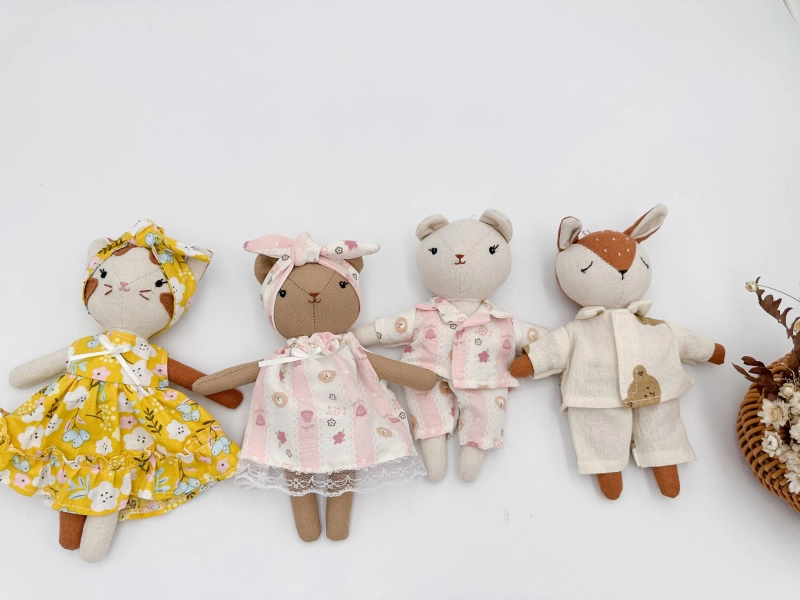 COMBO SET pocket teddy bear doll, cat doll, fawn doll with extra outfits, Handmade mini dolls for dollhouse, Tiny doll for decorating
