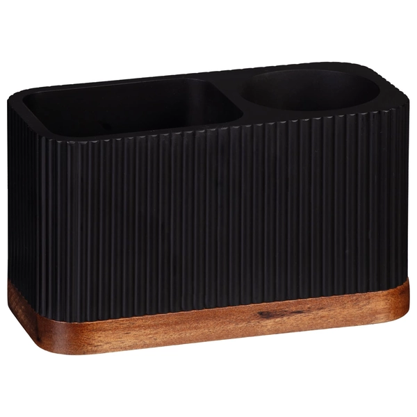 Black Toothbrush Holder with Wooden Base