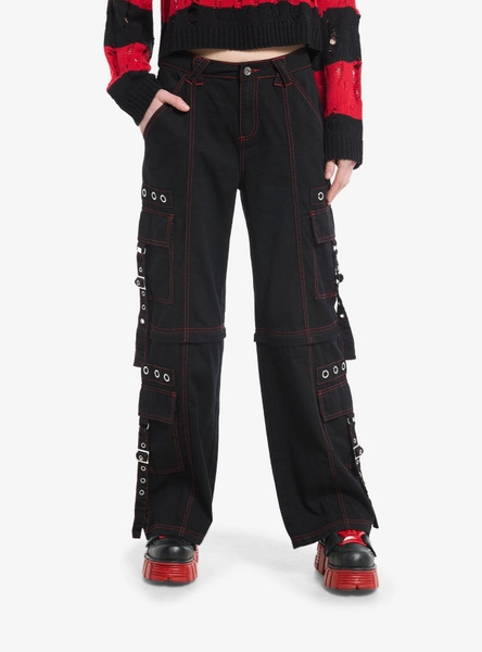 Black & Red Contrast Stitch Grommet Strap Zip-Off Carpenter Pants