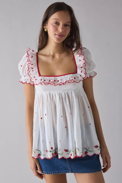 Kimchi Blue Clara Embroidered Puff Sleeve Babydoll Tunic Top