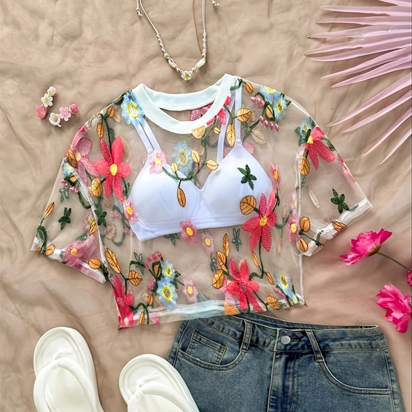 New Spring/Summer Women's Colorful Floral Embroidered Sheer Mesh Cropped Round Neck T-Shirt, Beach Vacation Daily Streetwear Fashion Versatile Cover-Up Shirt