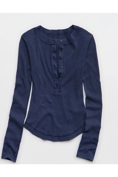Aerie Henley Essential Layering T-Shirt Women's Navy M