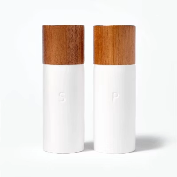 Ceramic Salt and Pepper Grinder Set Cream - Figmint™: Wood & Stoneware, 6.25" Height, 55 Volume Capacity, 2-Piece Set