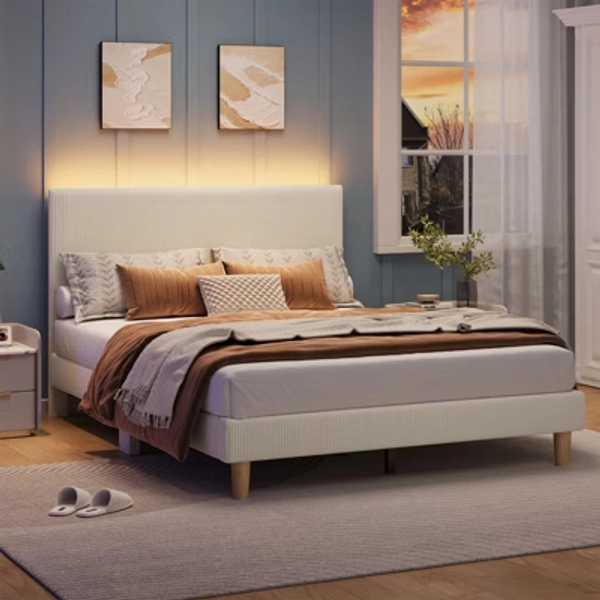 Bestier Corduroy Upholstered Queen Bed Frame with Adjustable Headboard, Bed Frame with LED Light, Solid Wood Slats, No Box Spring Needed, Off White