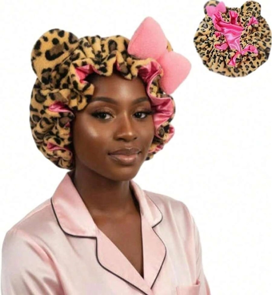Leopard Print Teddy Bonnet, Soft Cozy Plush Sleep Bonnet For Women, Daily Hair Accessory For Night Use