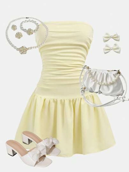 Girlism Teen Girls Yellow Gathered Waist A-Line Halter Casual Mini Dress For Beach
