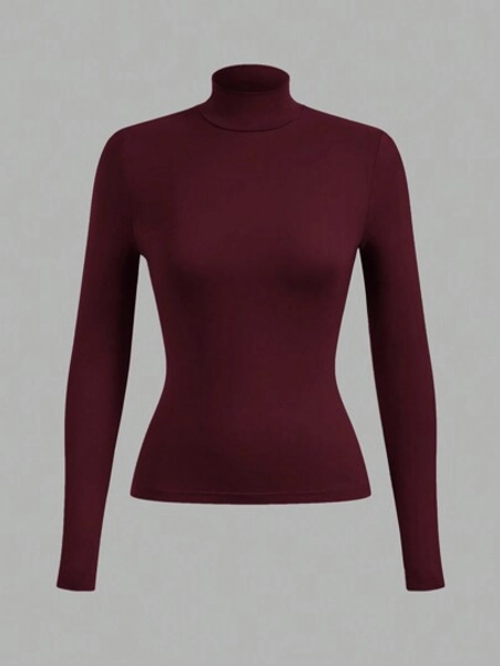 SHEIN BASICS Women's Regular Fit Solid Color Knit Long Sleeve Crew Neck T-Shirt Tight Tops High Neck Top