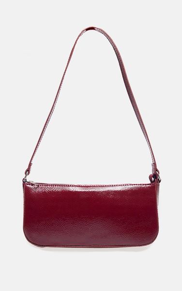  Burgundy Crinkle Patent Pu Zip Shoulder Bag