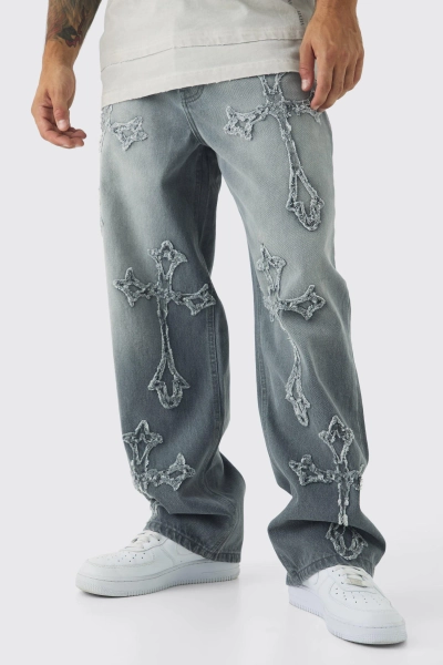 Baggy Rigid Washed Grey Cross Applique Jeans | boohooMAN USA