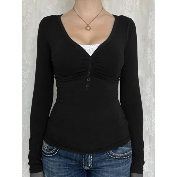 WOMEN'S contrast lace button V neck tee, casual long sleeve T-shirt for spring & Fall, WOMEN'S top for daily wear solid jacket plain front outdoor