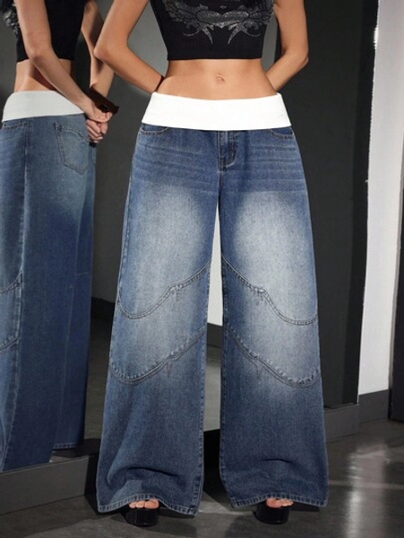 Jeanoix Plus Size Color Block Loose Straight Leg Casual Versatile Jeans