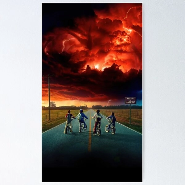 Road to Hawkins Poster, Red Sky Retro 80s Cinematic Design Poster