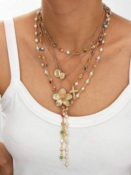 6pcs Fashionable Minimalist Bohemian Vintage Coin, Flower, Faux Pearl, Cross, Portrait Y-Necklace Layered Pendant Necklaces For Women, Suitable For Vacation, Date, Party, Gift, Everyday Wear