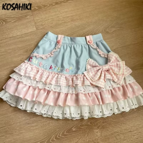 Y2k Aesthetic Kawaii Patchwork Mini Skirts Women Sweet Ruffled High Waist Skirt Streetwear Letter Embroidery Grunge Fairy Faldas - AliExpress 200000345