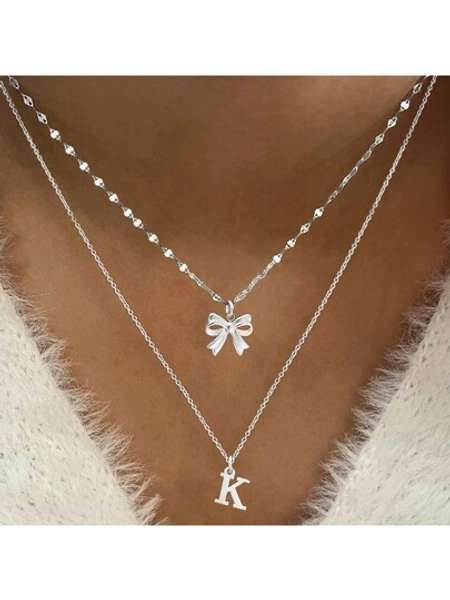 2Pcs/Set Fashionable Classic Silver Color Initial Bow Pendants Lip Chain Choker Stainless Steel Layered Chain Necklaces For Women
