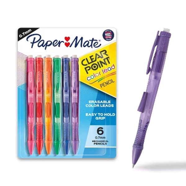 Paper Mate 6ct Clearpoint Color Lead Mechanical Pencils Erasable Vibrant Colors with Jumbo Eraser