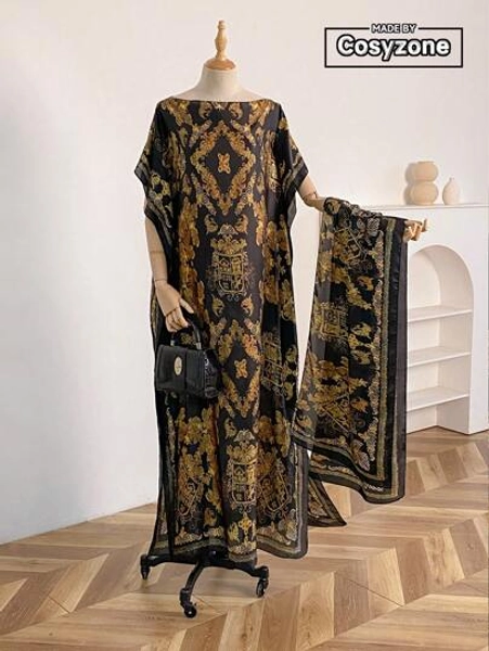 1 Set Floral Print Oversized Satin Robe, Shawl & Scarf Set, Fashion Versatile Summer Beach Cover Up, Sun Protection Outfit For Dress