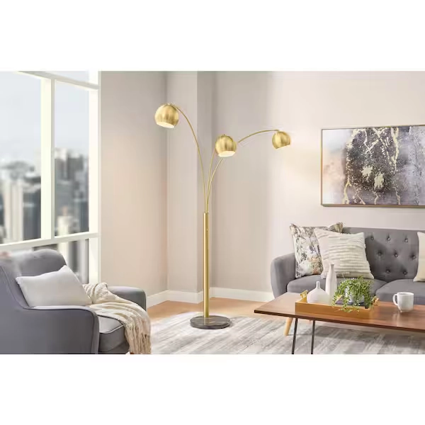 Hampton Bay Caldwell 74.5 in. 3-Light Gold Arc Floor Lamp with Metal Shades and Black Marble Base BAL-4230