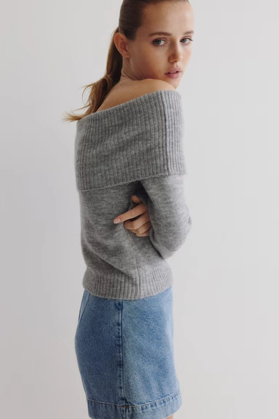 Off-the-Shoulder Sweater - Dark gray melange