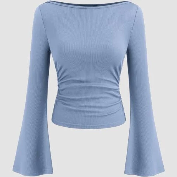 CIDER Women's Ruched Boat Neck Long Sleeve Knit Breathable Everyday Casual Tee