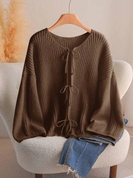 CosyJoli Plus Size Casual Romantic Minimalist Versatile Collegiate Style Bowknot Loose Knit Cardigan Sweater, Yellow, Autumn/Winter