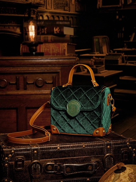 HARRY POTTER X SHEIN 1pc Women Vintage College Style Green Velvet & PU Leather Tote Bag With Detachable Shoulder Strap
