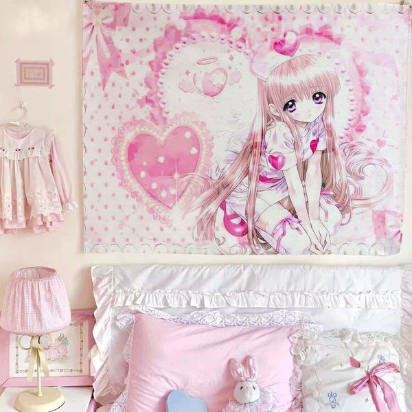 Asian Style Angel Pink Anime Tapestry Girlish Heart Decor for Dormitory Bedroom Old-school Wall Background - AliExpress 15