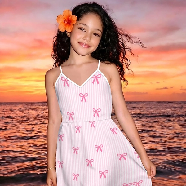 Adorable Pink Bow-print Girls' Camisole Dress • Summer Casual Vacation Style • Thin Spaghetti Straps • Perfect for Seaside Outdoor Activities • Must-have for Girls • Versatile Piece Ideal for Birthday Parties and Holiday Gift