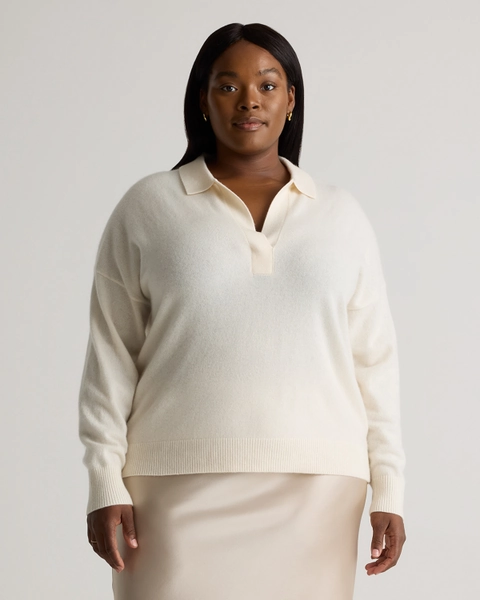 Mongolian Cashmere Polo Sweater - Plus Size in Ivory