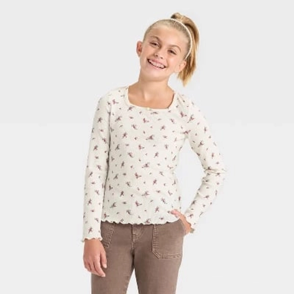 Girls' Long Sleeve Ribbed Knit Floral T-Shirt - Cat & Jack™ Cream XS