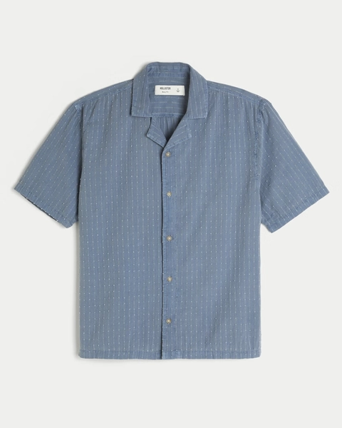 Boxy Short-Sleeve Textural Cotton Shirt