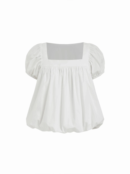 Cotton-blend Square Neck Puff Sleeve Ruched Bubble Hem Blouse