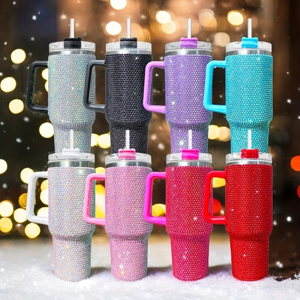 2pcs USA Warehouse 40oz Coffee Tumbler Full Wrap Bling Black Purple Blue Red Silvery Pink Rose Red Double Wall Stainless Steel Beer Mug Water Bottle with Handle Keep Cold And Hot Outdoor Camping Cup Ready to Ship