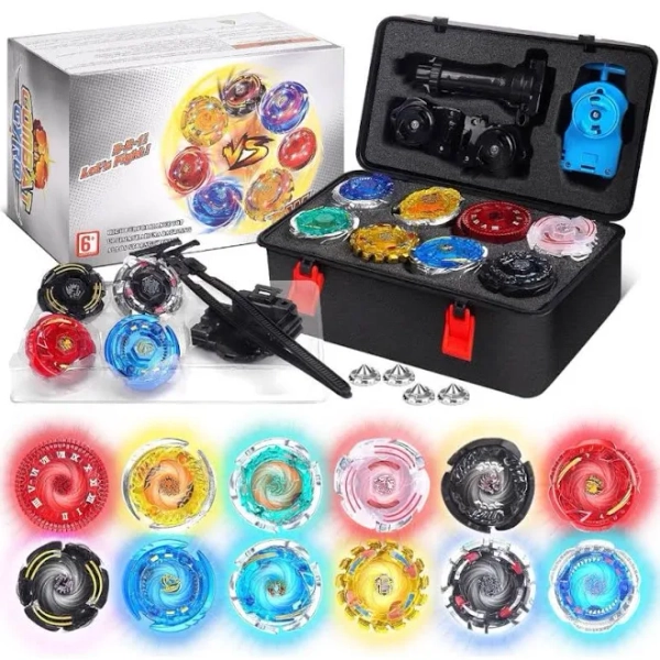 Set with Portable Box, 12 Light Ignite Spinning Tops, 2 Launchers and 1 Girp, Metal Fusion Type, Birthday Gift Boys Toy for 6+ Year Old