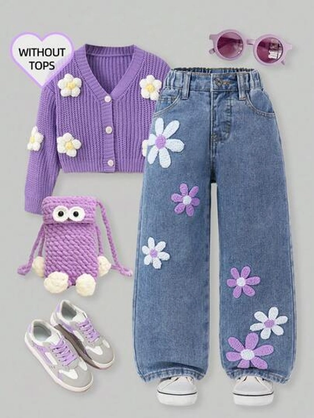 Young Girl Floral Embroidered Pocket Wide Leg Loose Casual Jeans 90s Kids Outfit Girls 90s Outfit Purple Girl Outfit 90s Outfit Tween