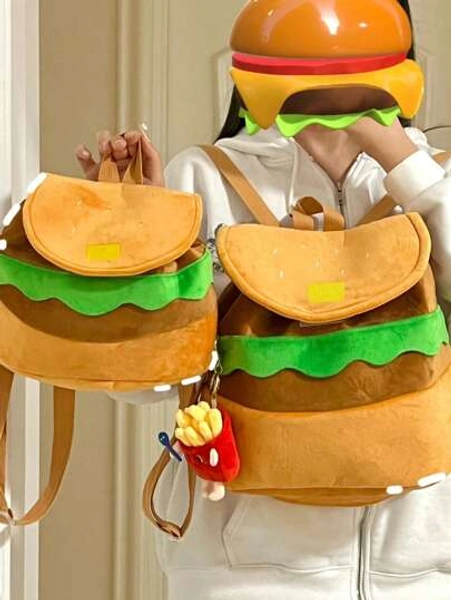 Conjunto de mochila con solapa con diseño de hamburguesa, bloque de color lindo, para escuela, para niñas adolescentes y mujeres estudiantes universitarias, para escuela primaria, secundaria, preparatoria, actividades al aire libre, viajes, excursiones, regreso a la escuela, vacaciones, mochila escolar, gran capacidad, linda, plegable, portátil, ligera, para niñas adolescentes mujeres estudiantes universitarias, universidad, escuela primaria, secundaria, preparatoria - Talla Unitalla
