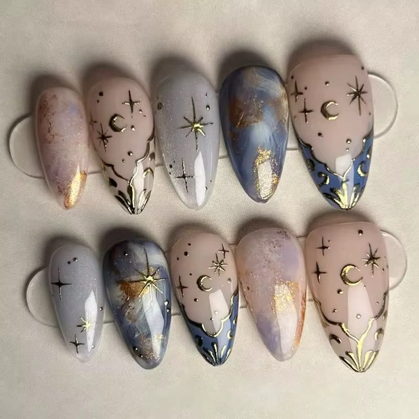 24Pcs Short Almond Nails Set Full Cover Star Moon Wave French Glitter Press on False Nails with Jelly Glue Detachable Nail Art - AliExpress 