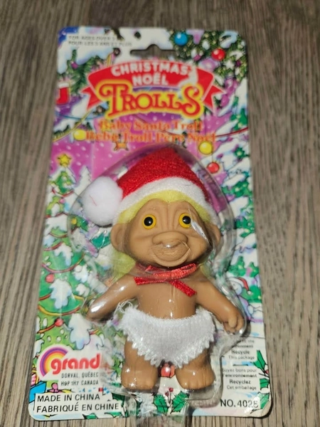 NEW 1980's Christmas Baby Santa TROLLS Doll - yellow hair, yellow eyes
