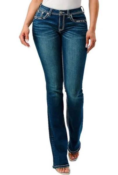Grace in LA Aztec Embroidered Mid Rise Bootcut Jeans
